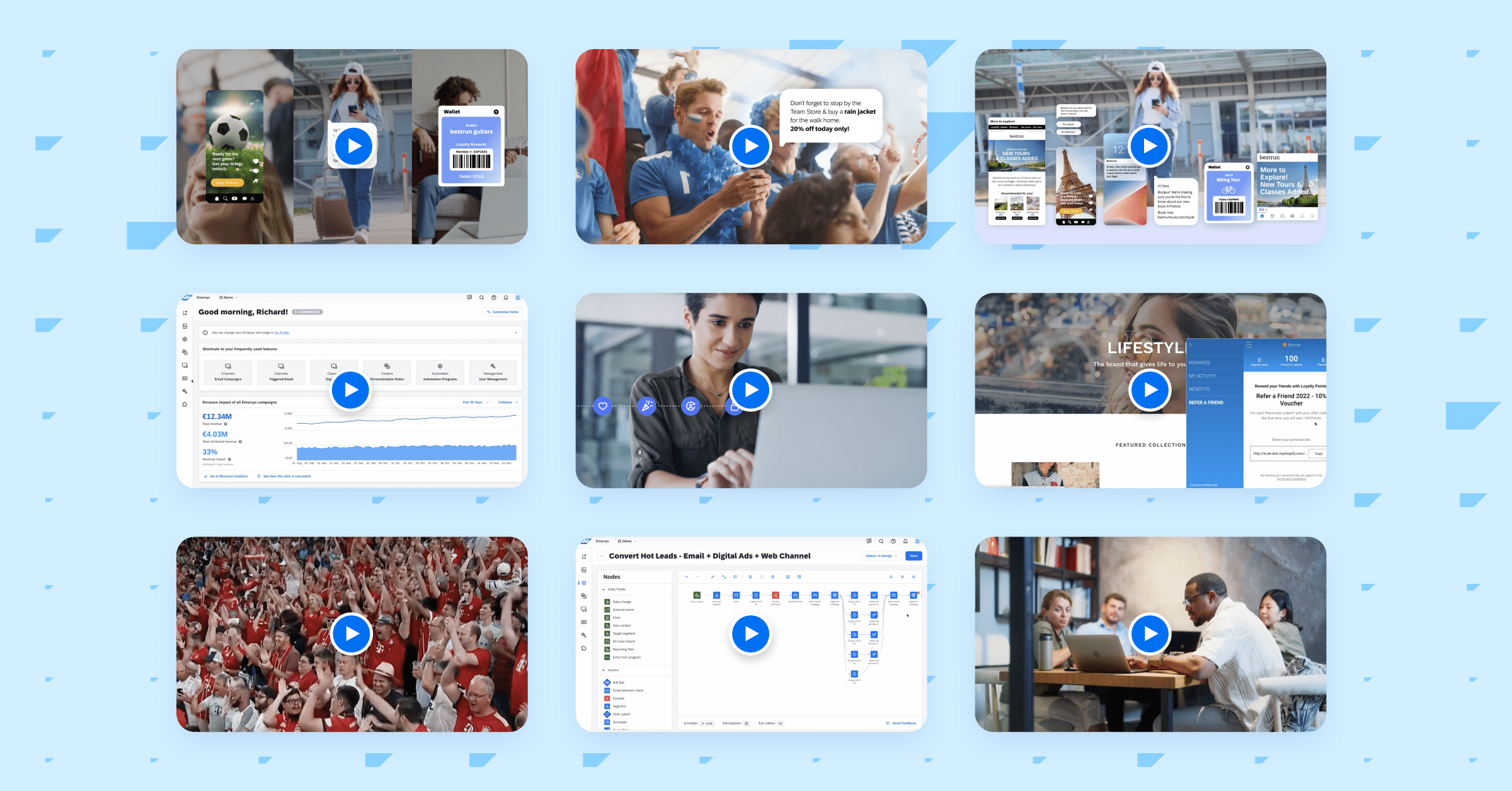 Grid of images showing people dashboards and crowd scenes. Includes text like Good morning Richard and Lifestyle.