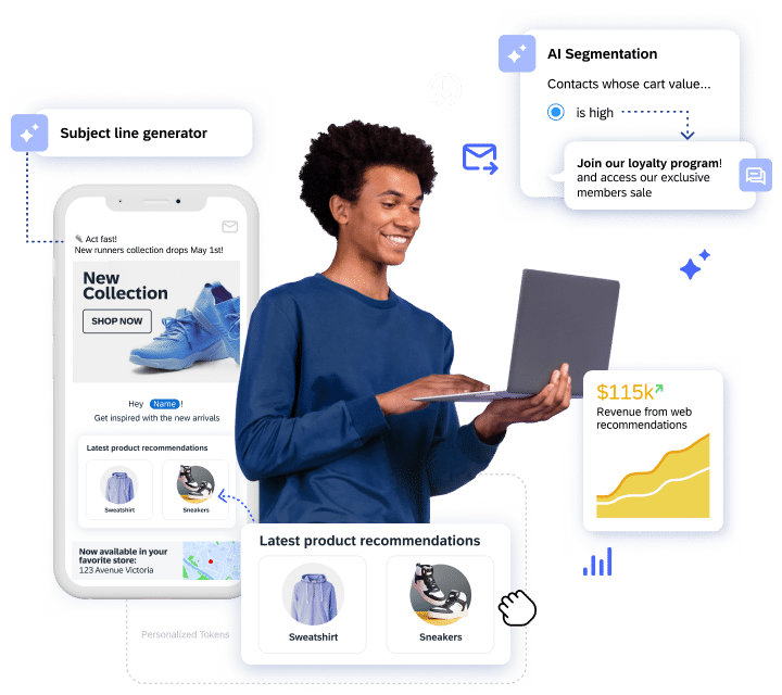 A person in a blue shirt uses a laptop surrounded by digital marketing graphics